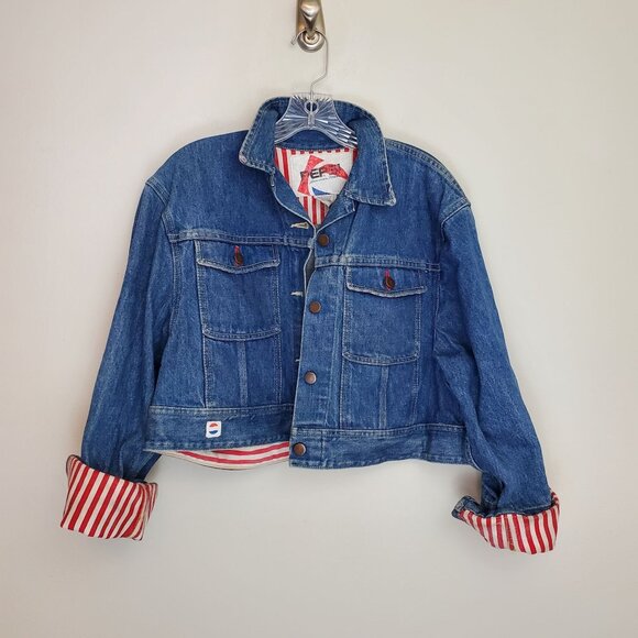 Pepsi Jackets & Blazers - Vintage Pepsi striped flip cuff cropped denim jacket
